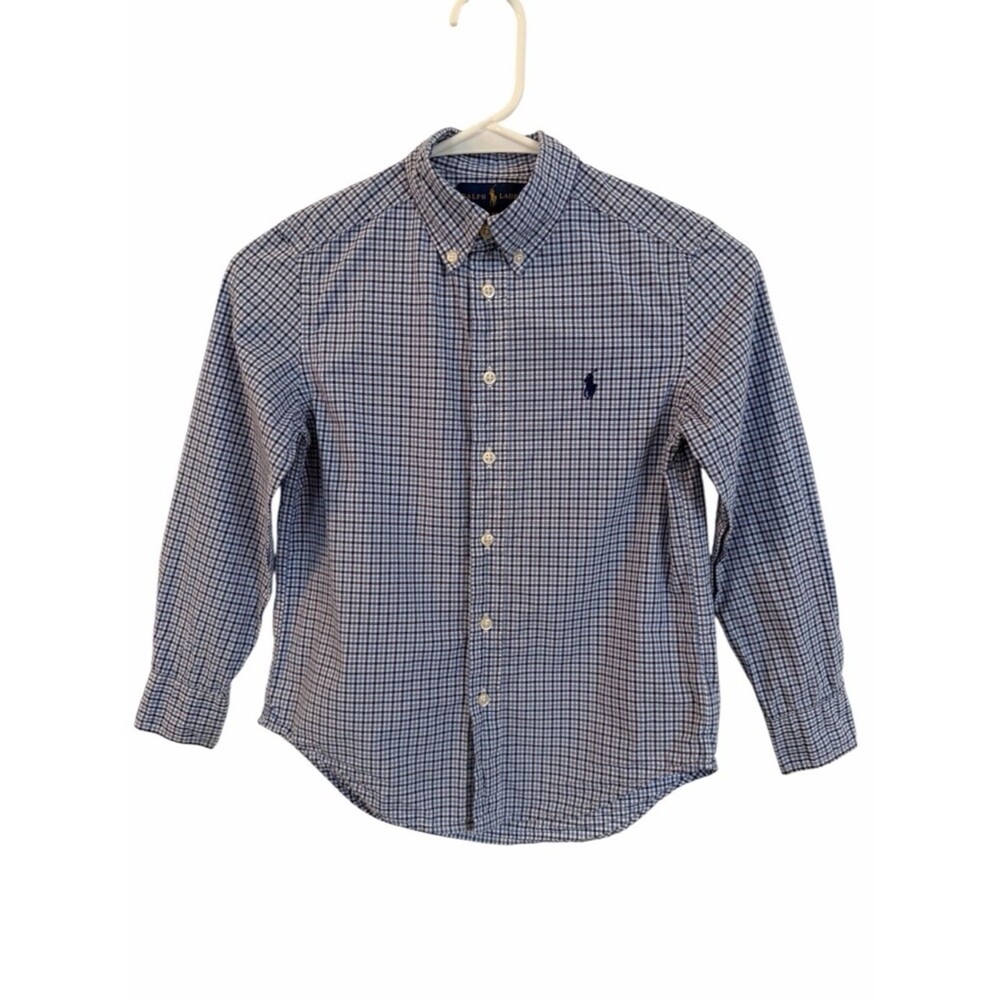 Ralph Lauren Boys Sz 8 Blue Plaid Cotton Button Down Long Slv Shirt Pony Preppy